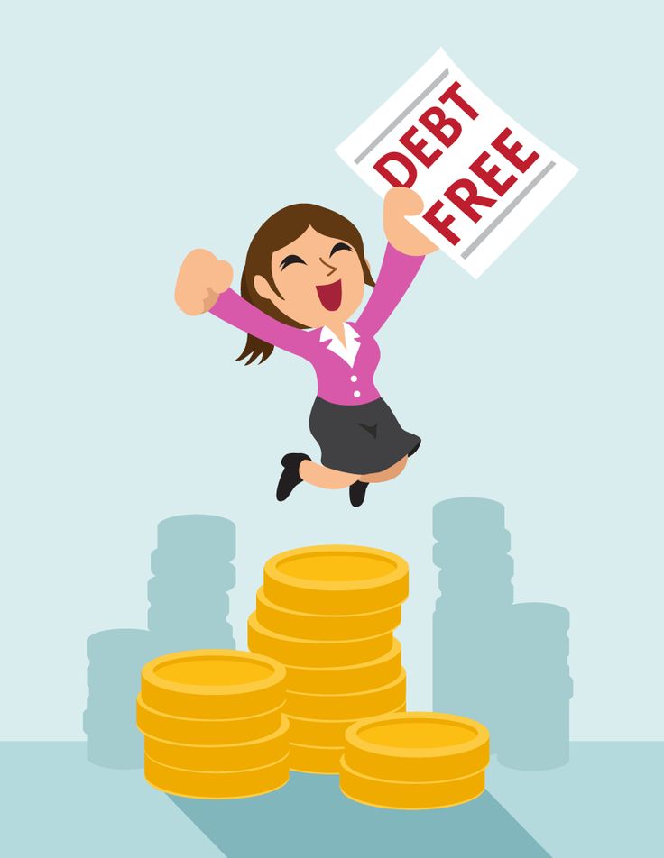 a woman jumping over stacks of coins with a sign that says debt free