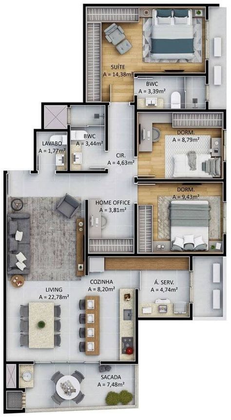 the floor plan of a three bedroom apartment