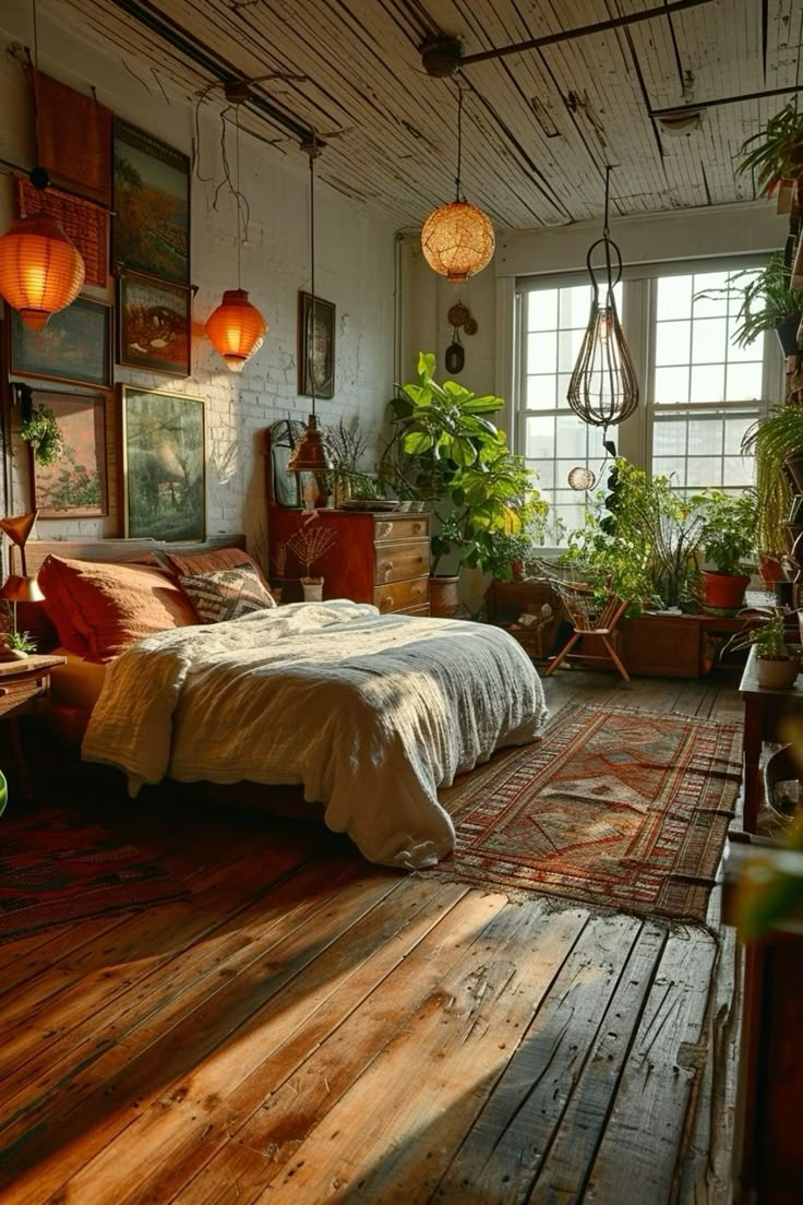 a bedroom with wooden floors and lots of plants in the window sill, along with hanging lights