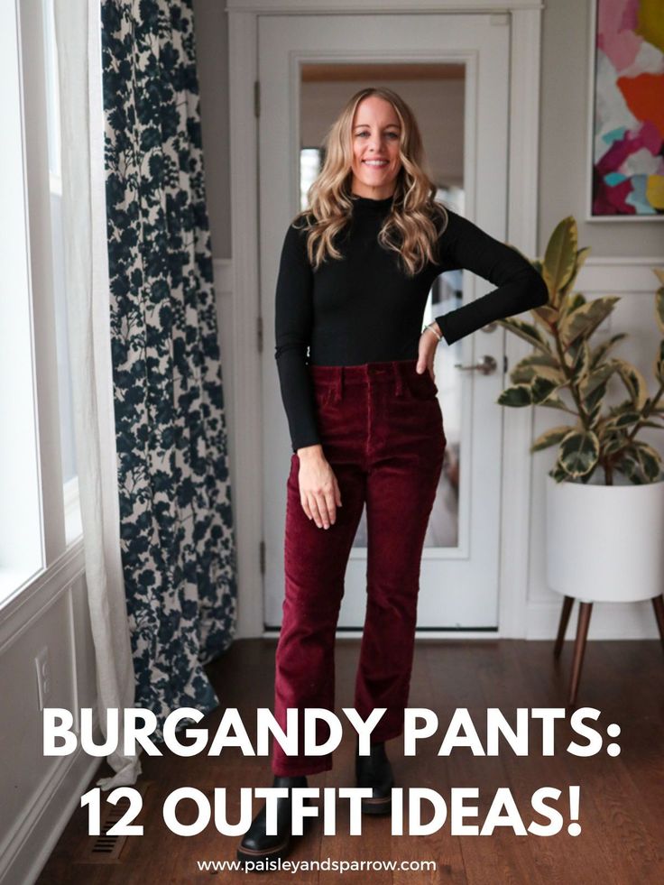 Wondering what to wear with burgandy pants? here is exactly how to wear burgandy pants! 12 outfit ideas that you can copy. How To Dress Brown Pants, Rose Wide Leg Pants Outfit, Maroon Pants Outfit Winter, Burgundy Courdoroy Pants, How To Wear Burgundy Pants, Burgandy Pants Outfits Casual, Teal And Burgundy Outfit, Velvet Palazzo Pants Outfit, Straight Leg Corduroy Pants Outfit