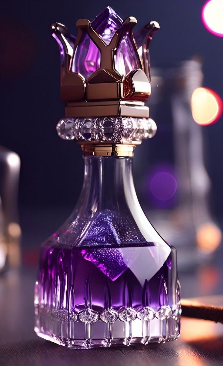 a purple glass bottle with a gold crown on top