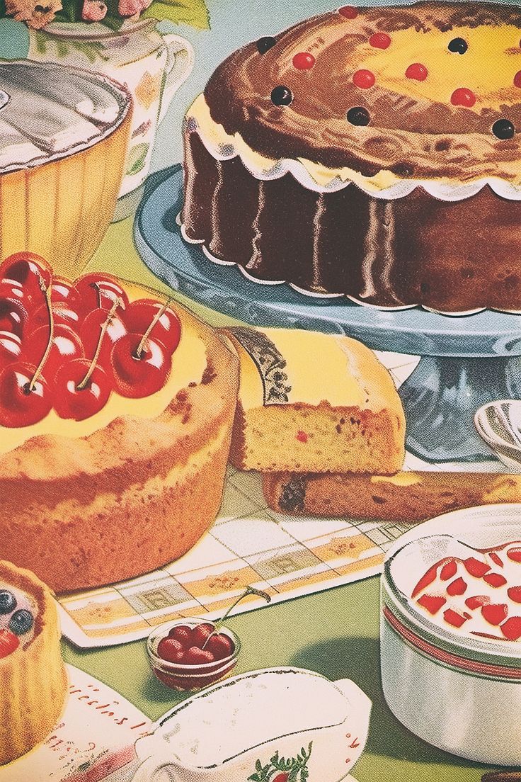 there are many cakes on the table with cherries and cherries around them,