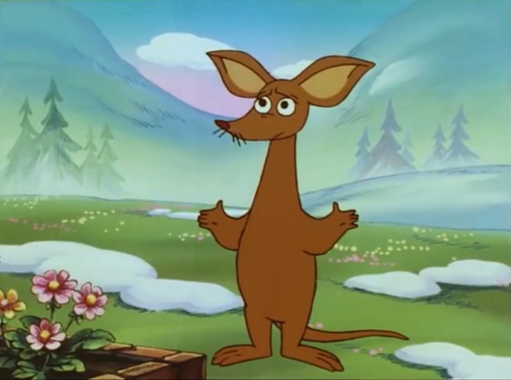 a cartoon kangaroo standing on its hind legs in front of mountains and trees with flowers