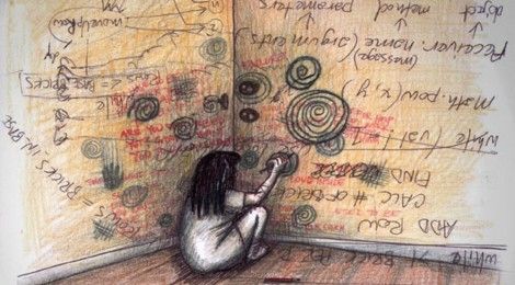 a drawing of a person sitting on the floor in front of a wall with writing all over it