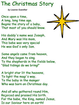 the christmas story is written in green and yellow with a star on top of it