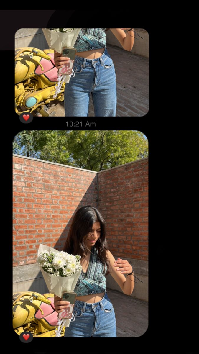 two pictures of a woman holding flowers in her hand and wearing jeans on the other side