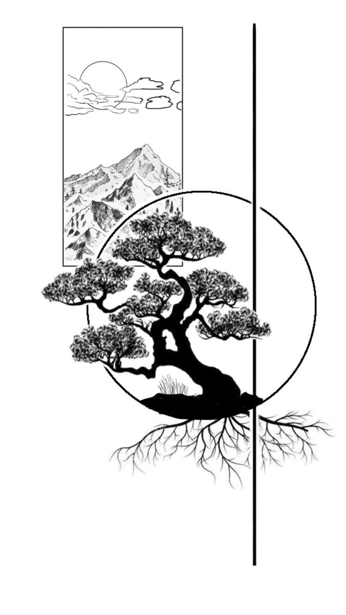 a black and white drawing of a bonsai tree with mountains in the back ground