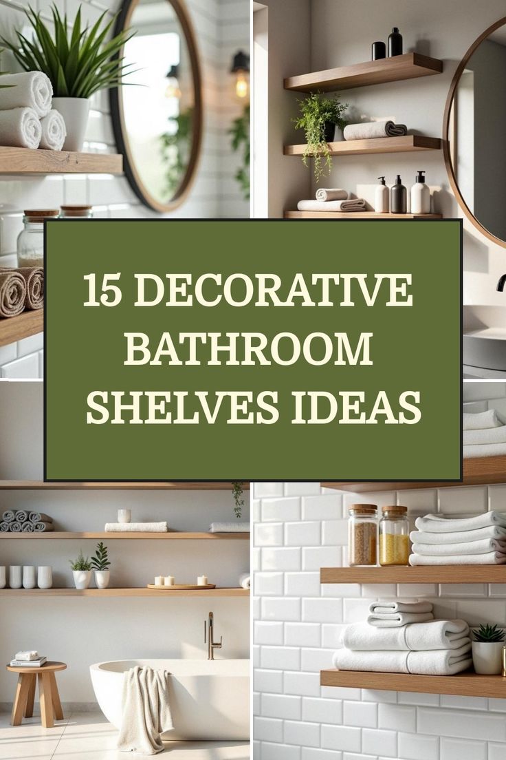 15 Decorative Bathroom Shelves Ideas Powder Room Shelf Ideas, Powder Room Shelf Decor, Staged Bathroom, Powder Room Shelf, Bathroom Shelves Ideas, Bedroom Attic Ideas, Trendy Bathroom Decor, Trendy Mirrors, Elegant Shower Curtains