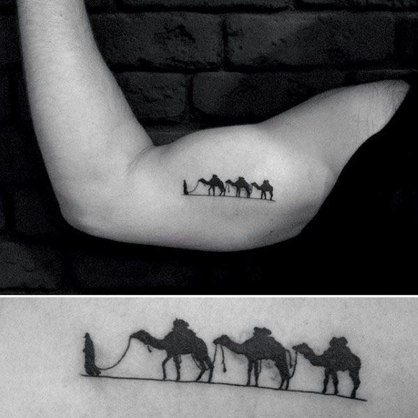 two images show the same tattoo on one arm and another with three camels on it