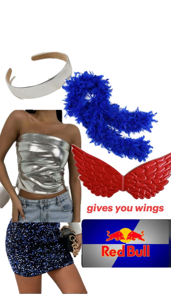 a woman in silver top and blue feathered headband with red bull logo on it