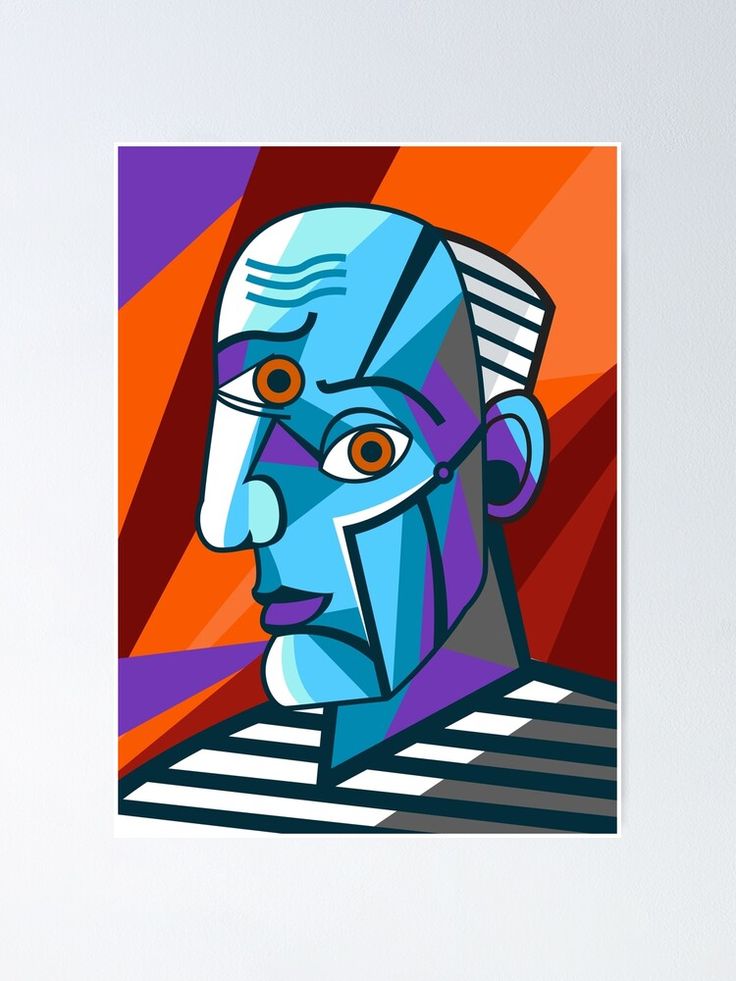 a painting of a blue man with orange eyes