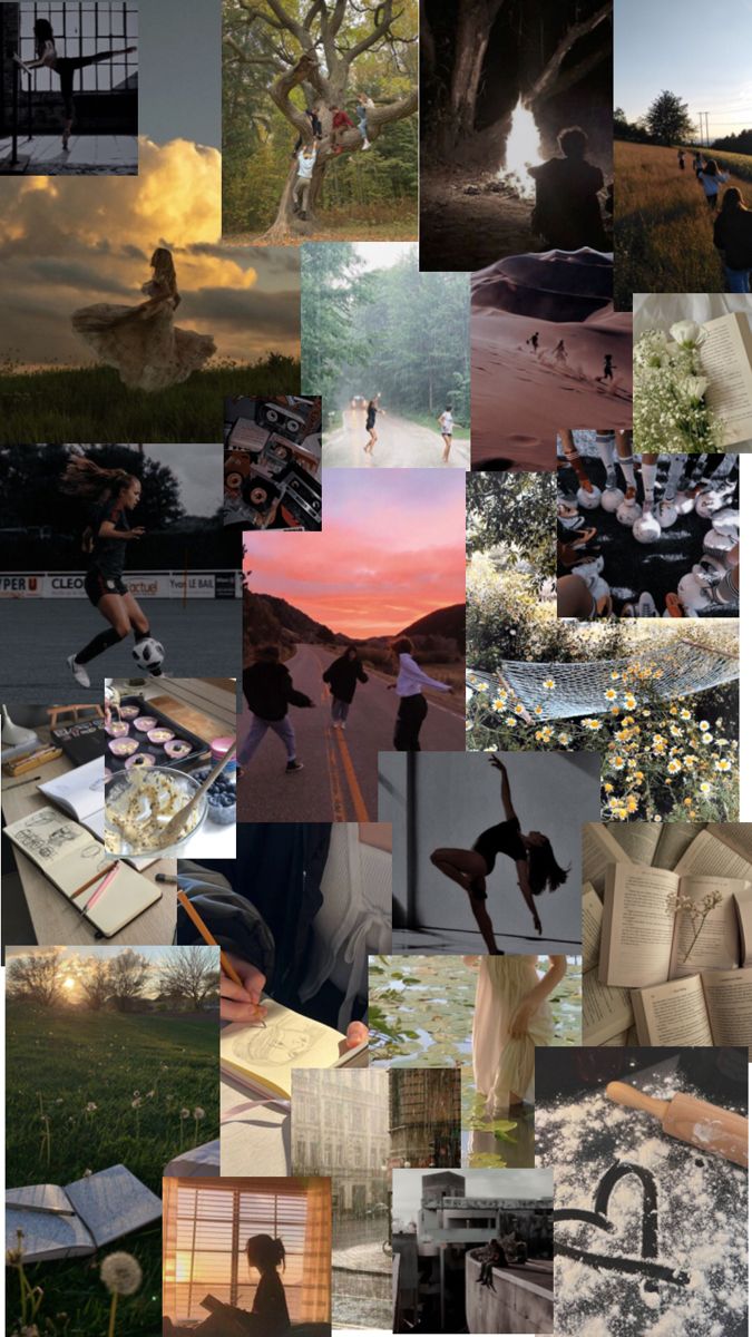 a collage of photos with people doing different things in them, including books and flowers