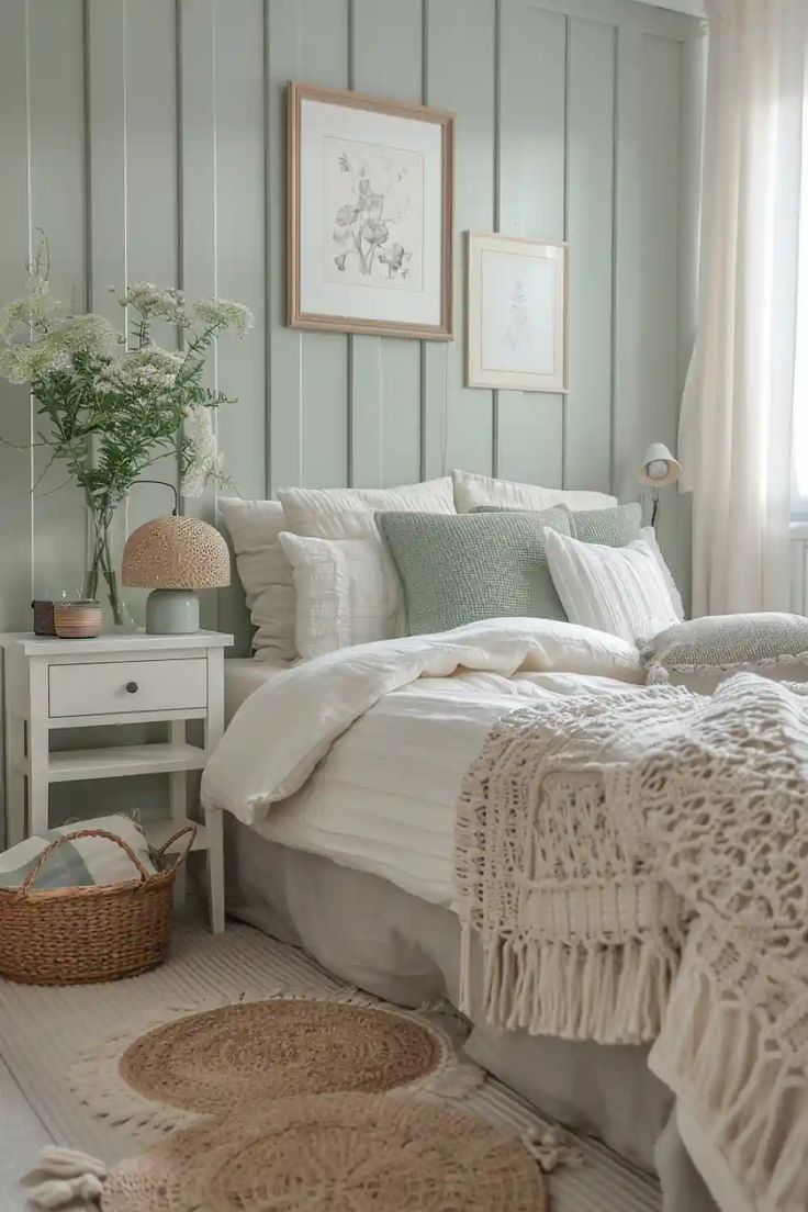 a white bed sitting in a bedroom next to a window with curtains and pillows on top of it