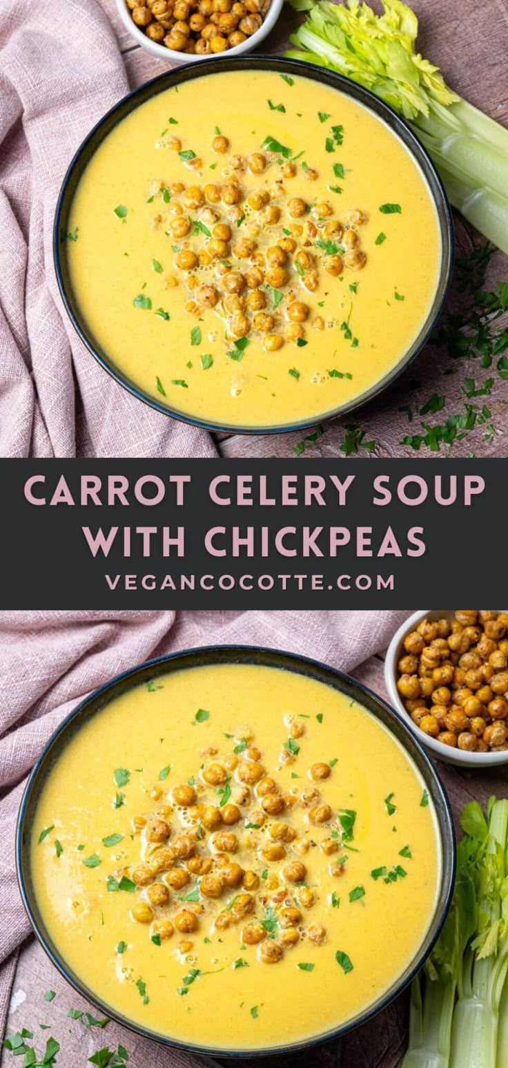 two bowls filled with carrot celery soup and garnished with chickpeas