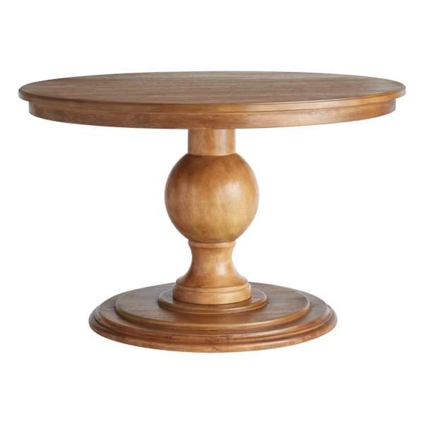 a round wooden table with two pedestals