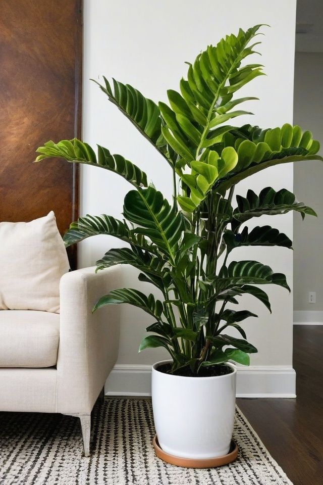 a potted plant sitting on top of a rug next to a couch