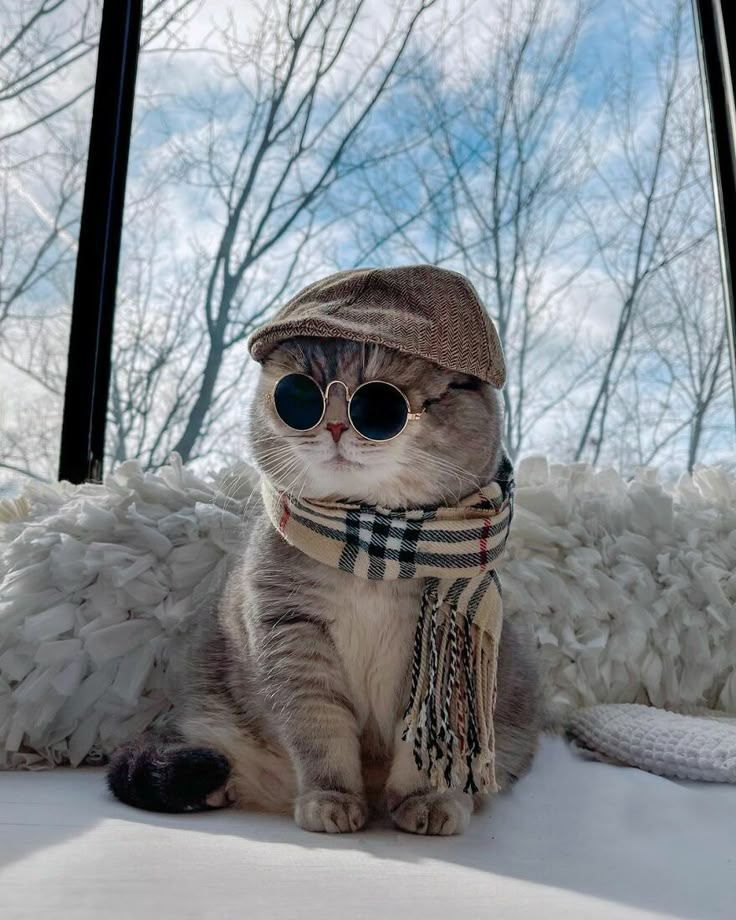 a cat wearing sunglasses and a scarf sitting in front of a window