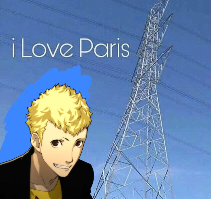 an anime character with blonde hair standing in front of power lines and the words i love paris