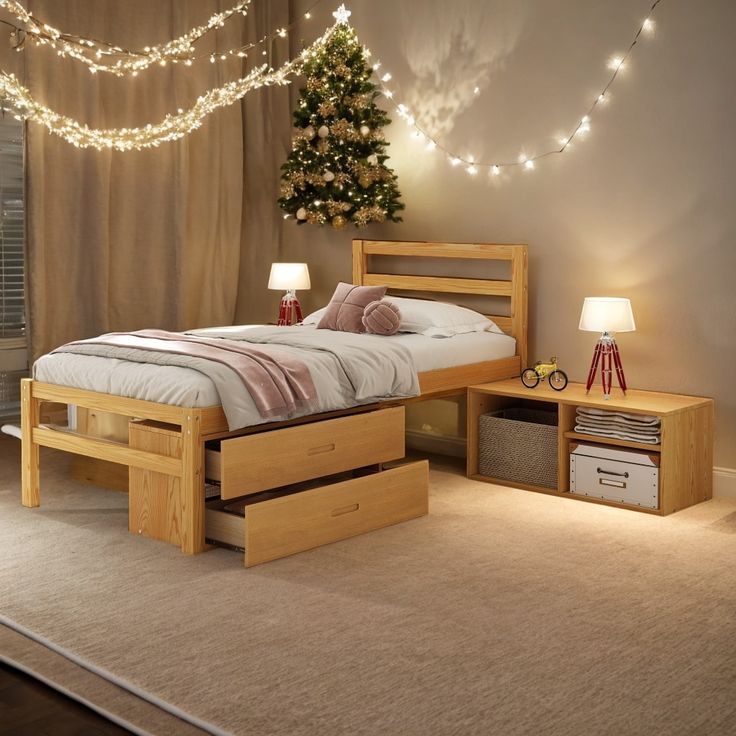 a bed room with a neatly made bed and a christmas tree