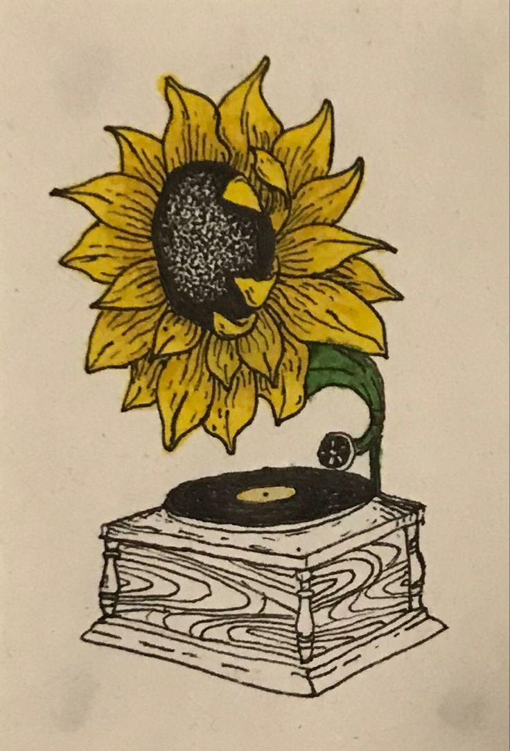 a drawing of a record player with a sunflower on it