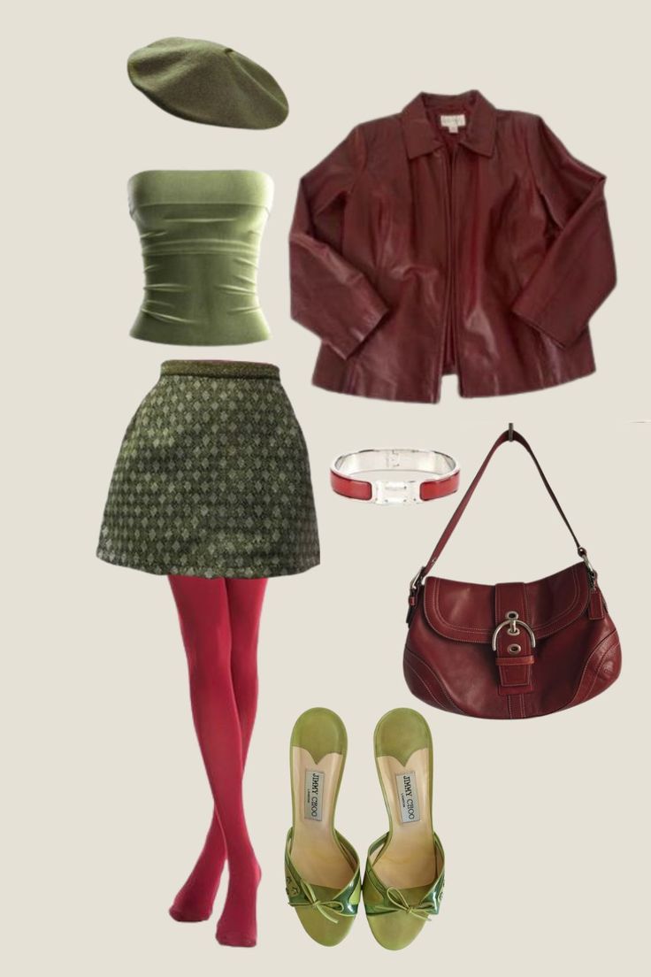 green and red combination, one of the most favorite spring outfits  red green Red And Green Clothes Outfit, Dark Green And Red Outfit, Mint And Red Outfit, Red And Green Outfit Ideas, Khaki And Red Outfit, Brown Stockings Outfit, Red And Beige Outfit, Green Red Outfit, Red Green Outfit