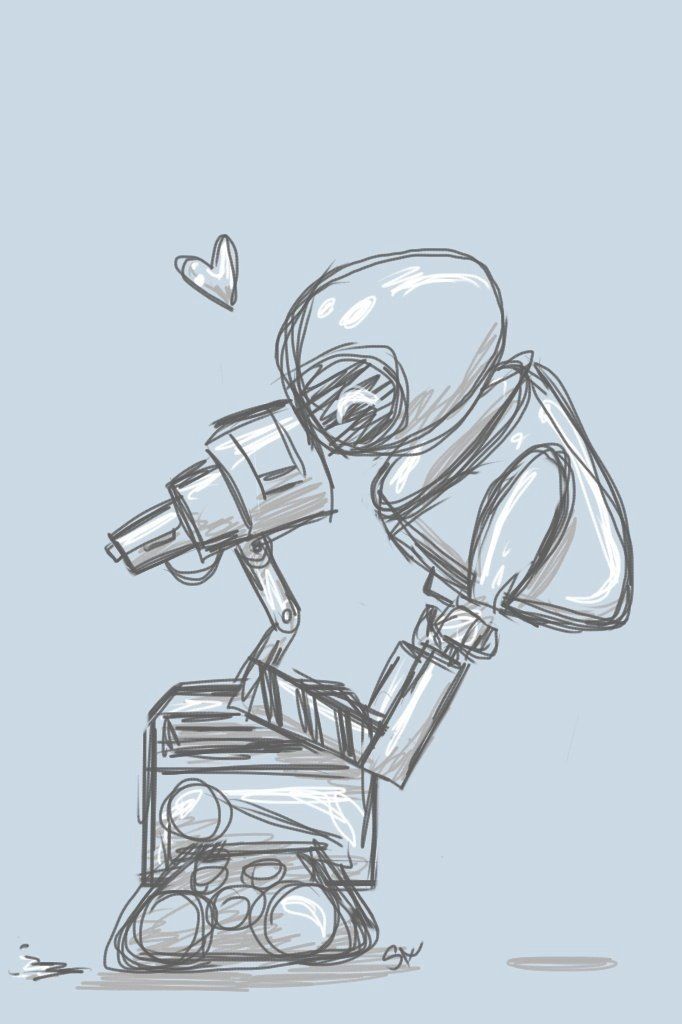 a drawing of a robot looking through a telescope with hearts in the sky behind it