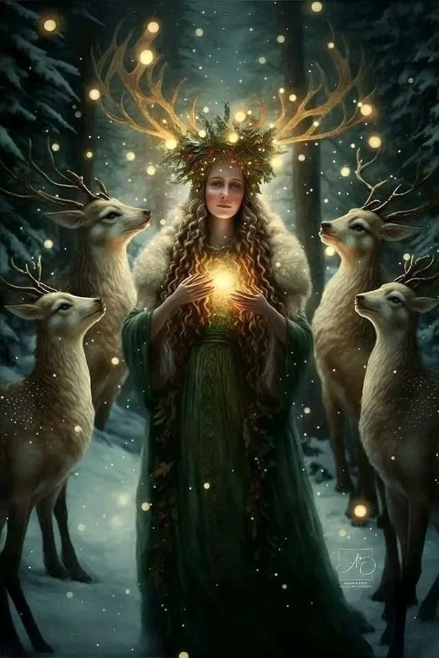 a woman surrounded by deer in the snow holding a glowing ball with her hands and looking at it