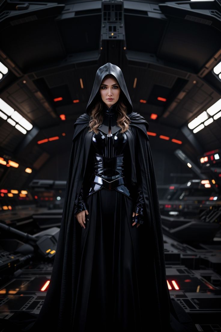 a woman dressed as darth vader standing in a spaceship