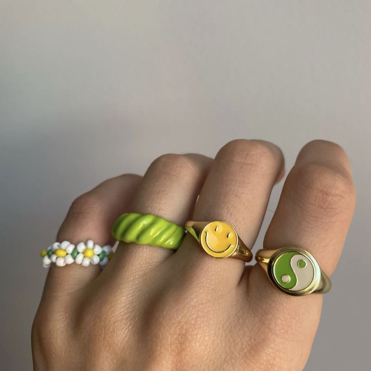 Flash Sale 40% Off Trendy Yellow Ring As Gift, Trendy Enamel Rings, Trendy White Enamel Rings, Playful Green Round Jewelry, Retro Green Enamel Jewelry, Cute Green Hand Painted Jewelry, Trendy Enamel Ring As A Gift, Fun Green Round Jewelry, Trendy Green Rings As A Gift