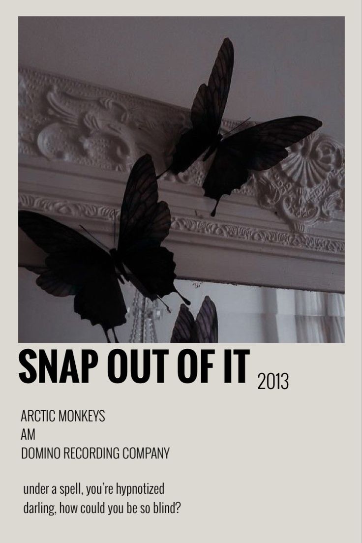 a poster with two black butterflies on it's back and the words snap out of it 2013