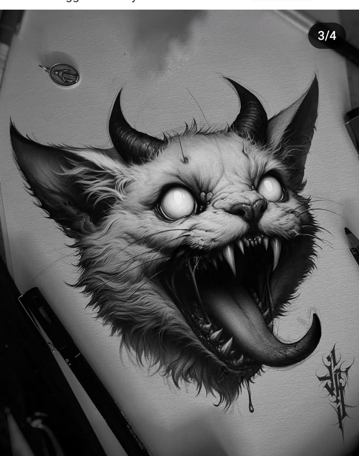 a drawing of a cat with horns and fangs on it's face is shown