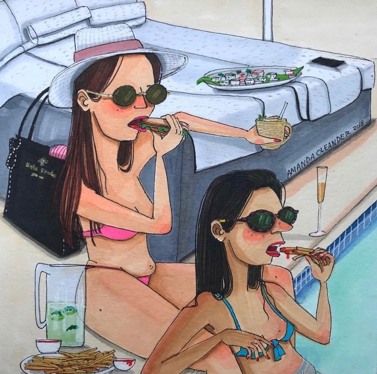 two women in bikinis eating food near a pool