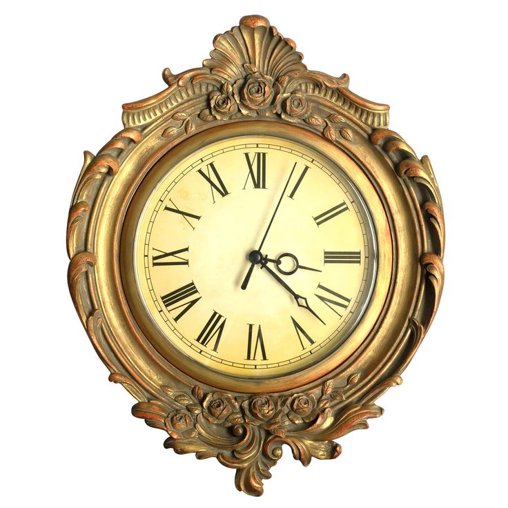 an ornate gold clock with roman numerals on the face is shown against a white background