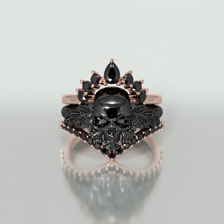 My Queen- 3pc Rose Gold Black Moissanite Gothic Ring - Black Diamonds New York Rings Proposal, Rings Gothic, Gothic Wedding Rings, Proposal Rings, Gothic Engagement Ring, Skull Engagement Ring, Rose Gold Black Diamond, Queen Rings, Gothic Ring