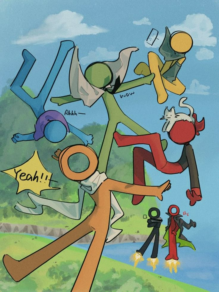 an image of a cartoon character with many different things in the air above him and below it