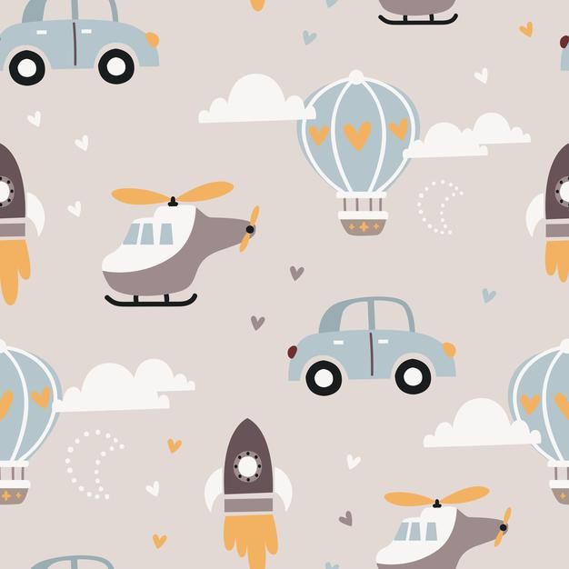 a pattern with hot air balloons and cars