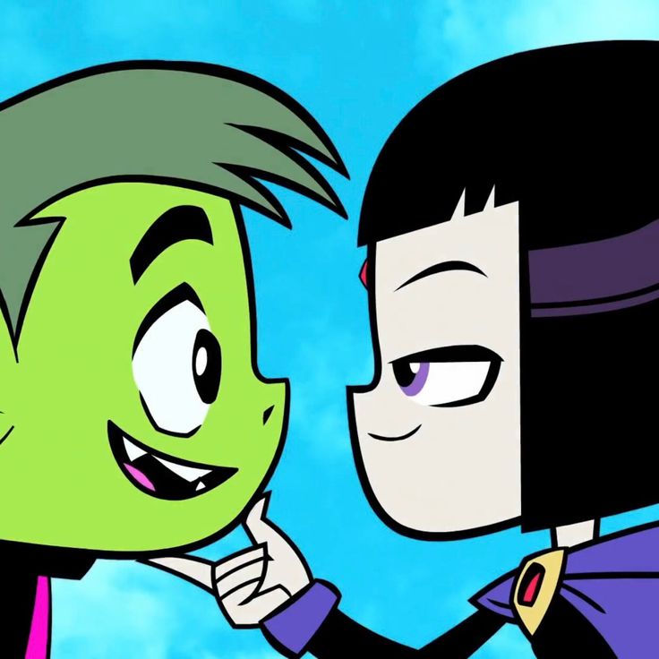 an animated image of two people with green hair and one is touching the other's face