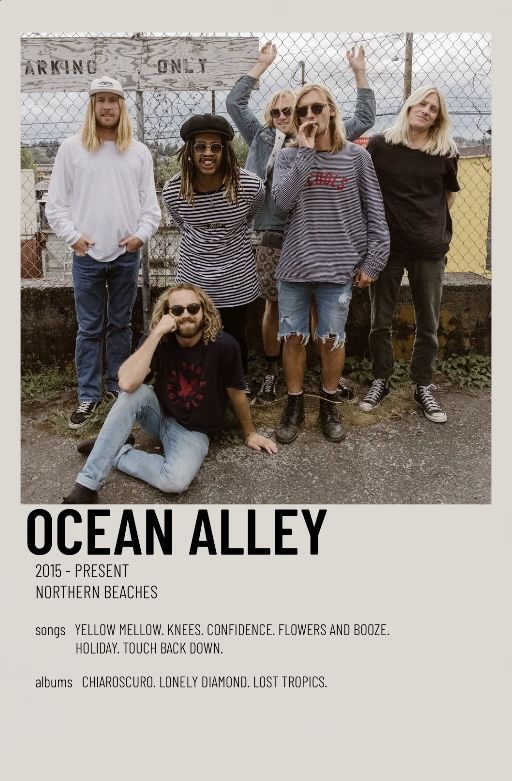 the poster for ocean alley shows five people posing in front of a fence with their hands up