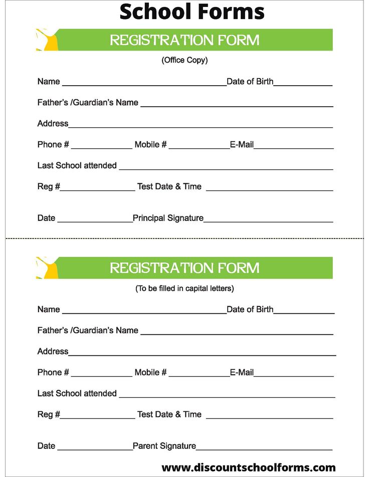 the registration form for school forms is shown in green and yellow, as well as an image