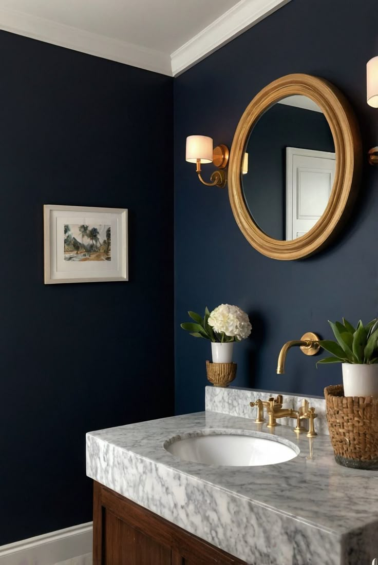 Step into sophistication with Hale Navy (HC-154) in your bathroom. Discover how to infuse nautical elegance into your daily interior design routine with this stunning color palette. #Ad #homedecor #homedesign #bathroom #Painthome interiorarchitecture best Wall Colors for Bathroom Colors Bright Room Colors best colors combinations bathroom bathroom Remodeling Modern Paint Colors 2024 Bathroom With Navy Walls, Blue Painted Bathrooms, Navy Paint Bathroom, Navy Wall Bathroom, Navy Bathroom Paint, Hale Navy Powder Room, Navy House Interior, Hale Navy Bathroom Walls, Dark Blue Accent Wall Bathroom