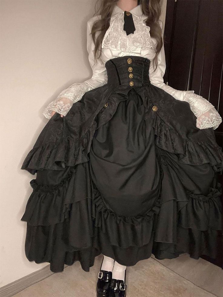 Gothic Lolita SK Ruffles Black Jacquard Lolita Skirts Poofy Skirt Outfit, Dnd Outfits Female, Poofy Skirt, Black Ruffle Skirt, Gothic Outfit, Frilly Skirt, One Piece Jumper, Gothic Skirts, Retro Costume