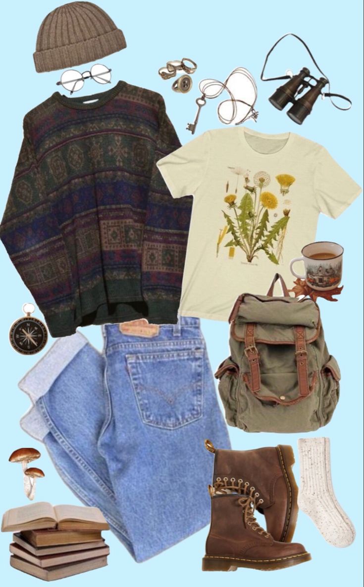 Cottagecore Acedamia Outfits, Cottagecore Punk Outfits, Cottage Core Lesbian Style, Cottagecore Comfy Outfit, Unisex Cottagecore Outfits, Cottagecore With Jeans, Camp Core Outfits, Nonbinary Cottagecore Outfits, Lesbian Cottagecore Outfits