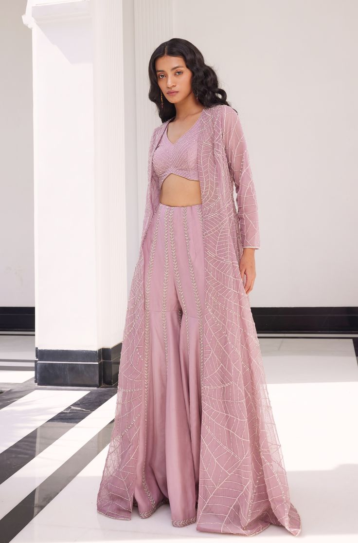 Lilac pink fully embellished jacket with lines embroidered bralette and kali sharara Sharara Suit With Jacket, Sharara With Blouse And Jacket, Long Jacket Outfit Indian, Sharara With Jacket, Sharara Design, Flared Jacket, Net Jacket, Indian Outfits Modern, Pink Sharara