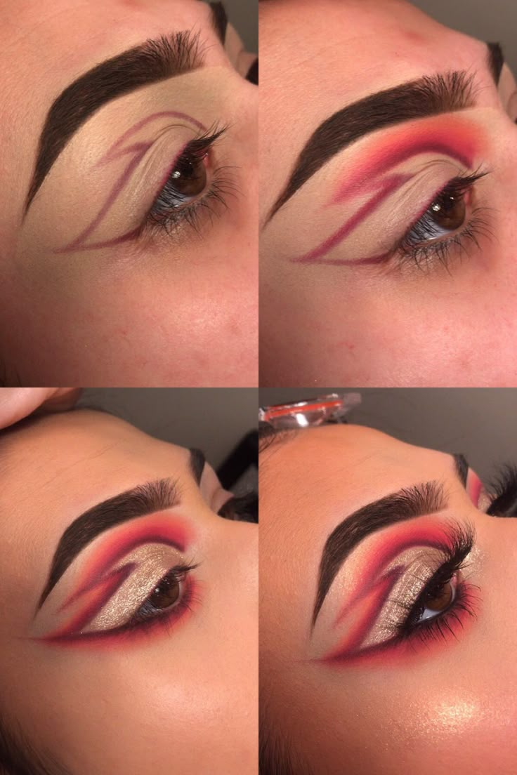 Cool Makeup Designs, Makeup Ideas Extreme, Makeup Extreme, Red White And Black Makeup Looks, Red N Black Makeup Looks, Creative Eyeshadow Ideas, Red Creative Makeup, Extravagant Eye Makeup, Dramatic Eye Makeup Looks