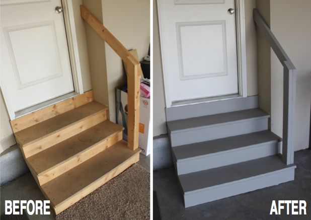 before and after photos of a house's front door with carpeted stairs leading up to it