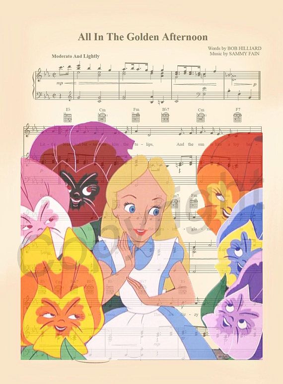 a sheet music cover with an image of alice and the seven dwarfs in front of them