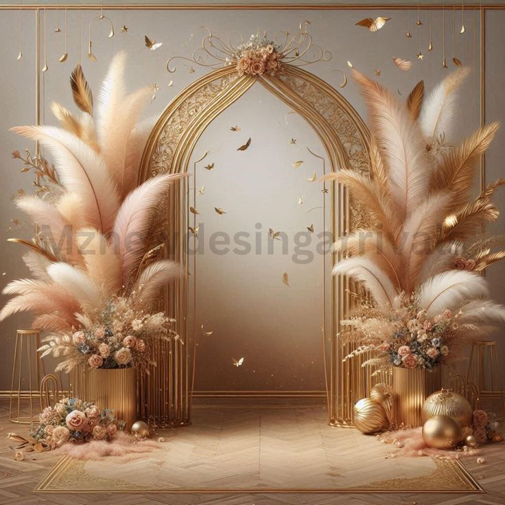 an artistic photo with gold decorations and feathers in front of a golden arch decorated with flowers