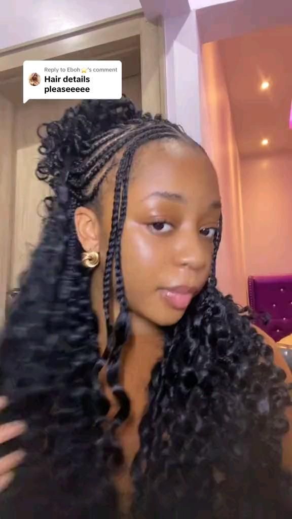 Ways To Style Fulani Braids With Curls, Fulani Cornrows With Curls, Cornrow Middle Part Braids, Spring Protective Styles, Fulani Braids With Crochet Curls, French Curls Braids Cornrows, Braided Hairstyles For Black Women With Curls, Fulani Braids Styles Ideas, Fulani Twists With Curls