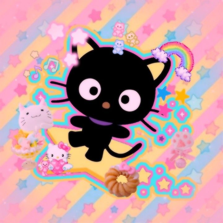 an image of a black cat with many different things on it's back ground