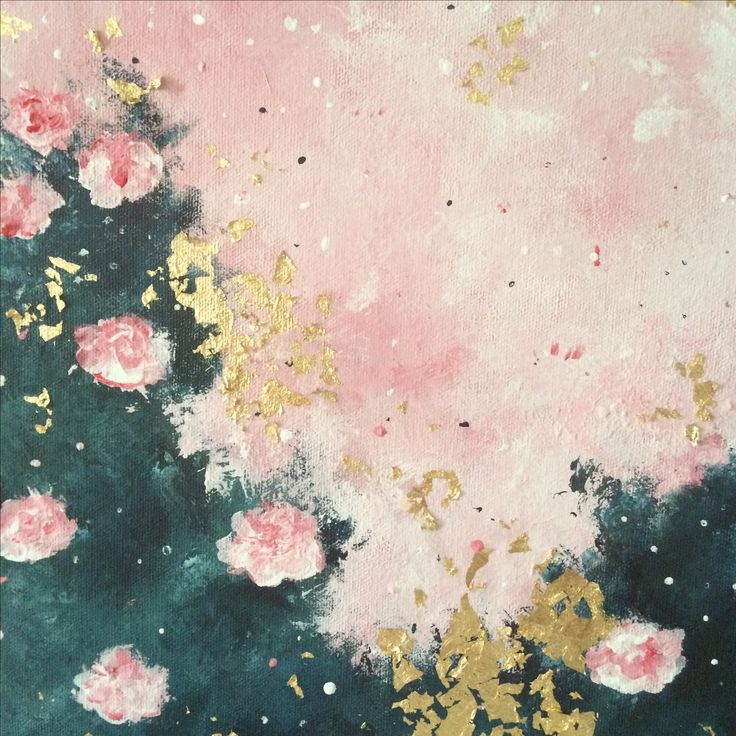 an abstract painting with gold and pink flowers